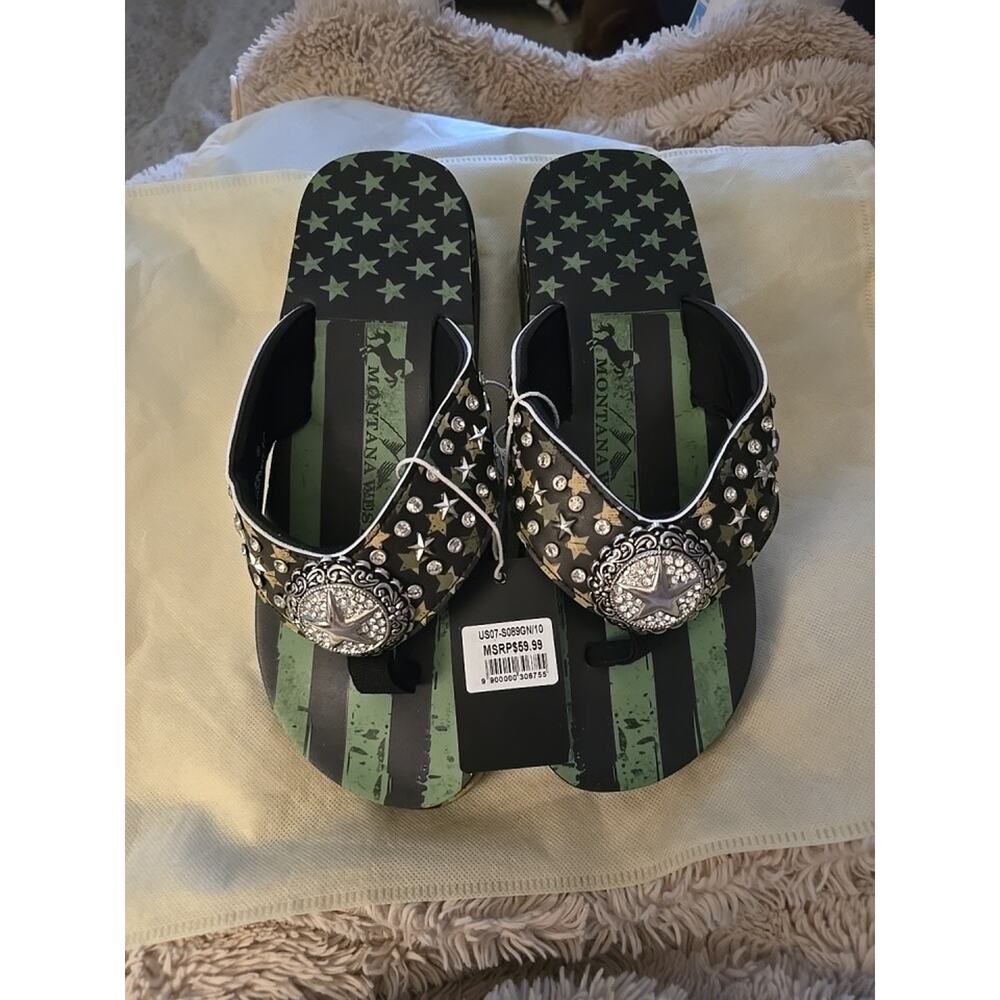 Montana West Wedge Flip Flops Size 10 Americana American Flag Conches Rhinestone